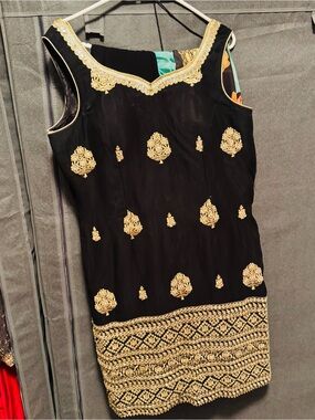 Black Sleeveless Embroidered Dress with Gold Detailing